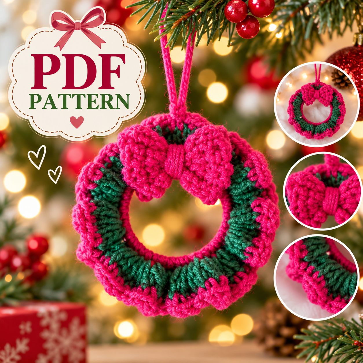 Crochet Christmas Wreath Ornament PDF Pattern | Mini Wreath with Bow | Christmas Tree Decoration | DIY Holiday Crochet | Instant Download